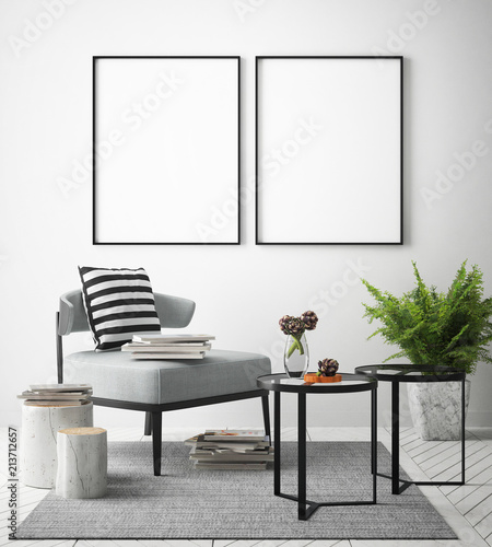 mock up posters frame in hipster interior background, Scandinavian style, 3D render, 3D illustration photo