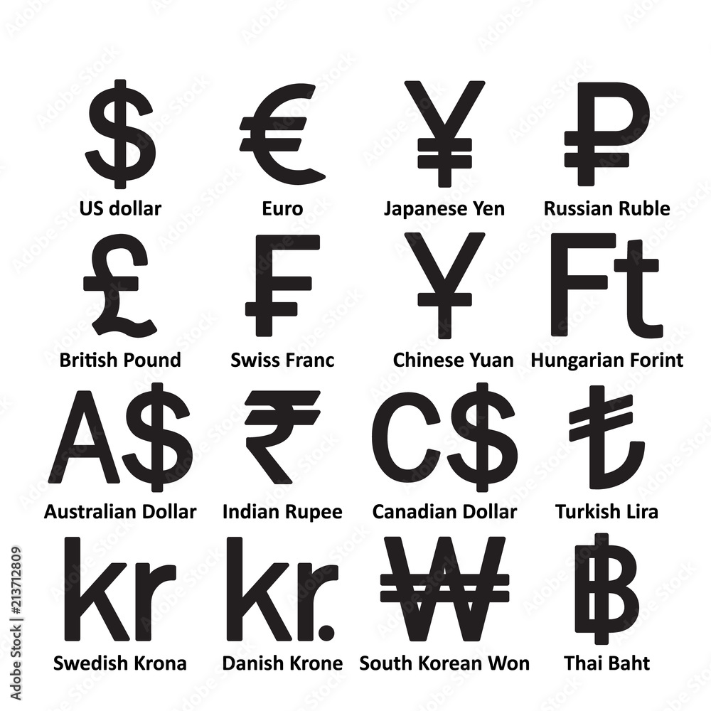 Currencies Symbol Icons Set Dollar Euro Ruble Yuan Yen Lira 