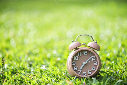alarm clock on fresh green grass field in early morning , spring time