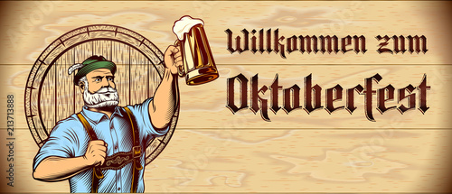 Invitation card with stamped title Willkommen zum Oktoberfest on wooden background. Man raise up beer mug with frothy lager. Template design leaflet, flyer with copy space. Vector vintage illustration