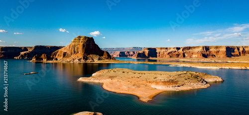 Aerial view of Lake Powell near Navajo Moutain, San Juan River in Glen Canyon with clear, beautiful skies, buttes, hills and water