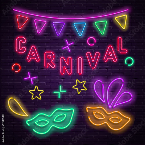 Purple carnival background with neon masks and flags.