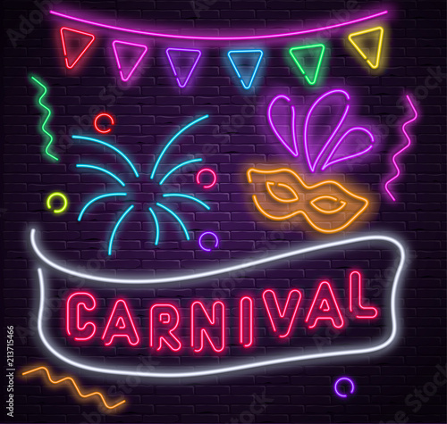 Purple carnival background with neon mask and flags.