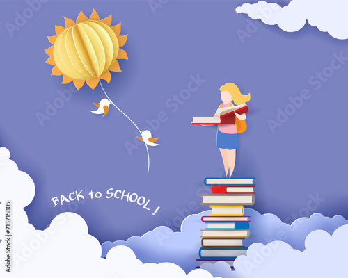Back to school 1 september card with girl, books and sun on blue sky background. Vector illustration. Paper cut and craft style.