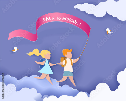 Happy children boy and girl run back to school with flag. Paper cut design Vector illustration