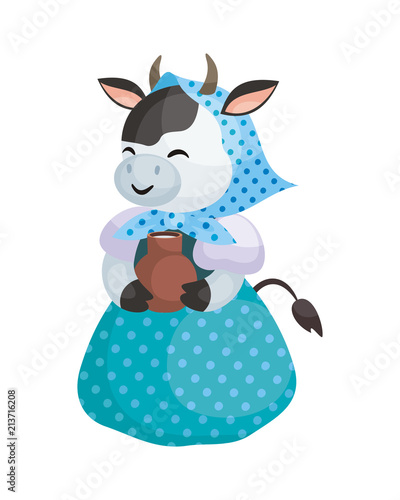 Pretty cow with a jug of milk in cartoon style. Vector illustration isolated on a white background.