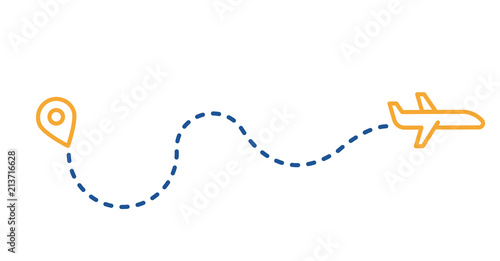 Dotted route track with plane and gps pin. Vector thin line icon illustration. Flight, vacation, holiday, traveling, business or tourism trip