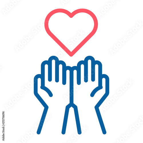 Empty hands receiving red Heart icon. Accepting love, help, kindness, donation. Vector thin line illustration. Symbolizes donation, help, charity, philantrophy, love, passion, kindness, peace.