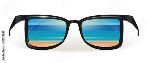 The beach of the sea is reflected in sunglasses. Vector illustration isolated on white background