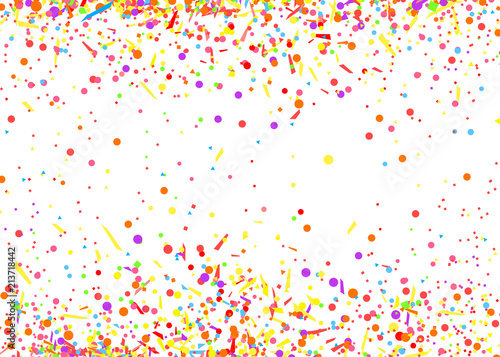 Multicolored pattern with random falling colored confetti on white background. Texture with glitters for design. Greeting cards. Explosion. Bright firework. Print for polygraphy and posters