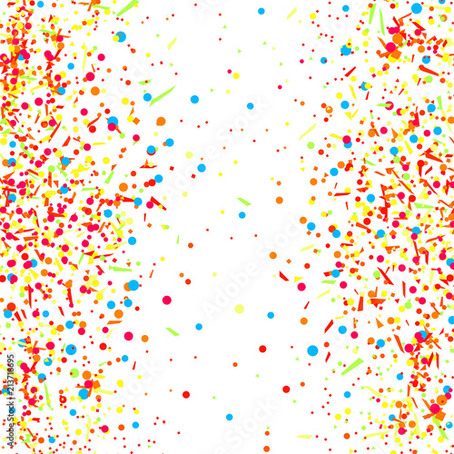 Multicolored pattern with random falling colored confetti on white background. Texture with glitters for design. Greeting cards. Explosion. Bright firework. Print for polygraphy and posters
