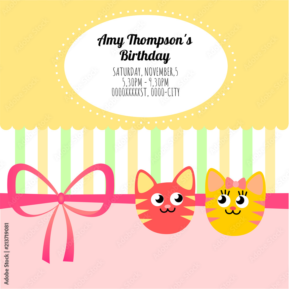 Cute card template of a birthday invitation with two cats Cute card template of a birthday invitation with two cats