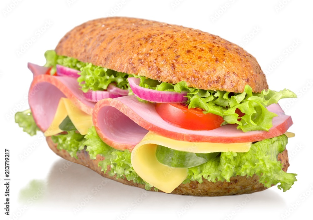 Fresh multi-grain turkey/chicken sub on white background Fresh multi-grain turkey/chicken sub on white background