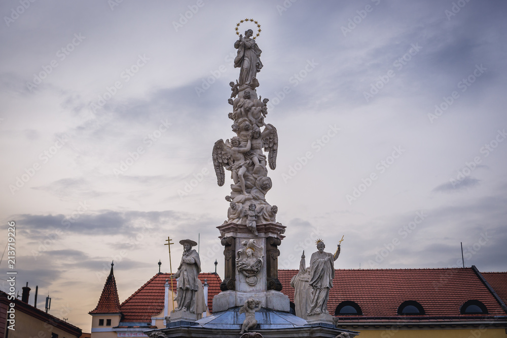 Marian Plague Column on one of the squares of Old Town in Uherske Hradiste, small city in Czech Republic