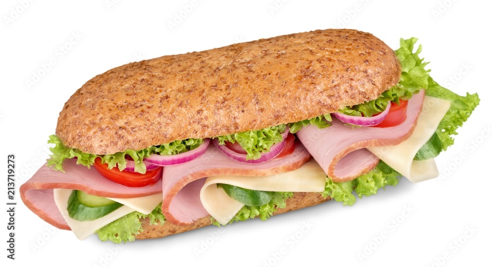 Fresh multi-grain turkey/chicken sub on white background Fresh multi-grain turkey/chicken sub on white background