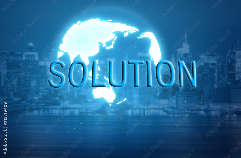 Solution over world map hologram and blurred city background