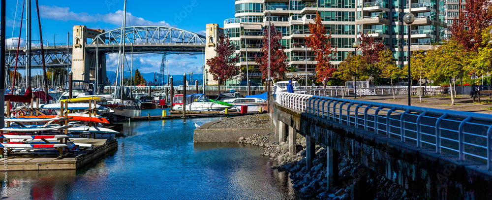 Downtown Vancouver, British Columbia, Canada. Wide panorama, English bridge in the background. 