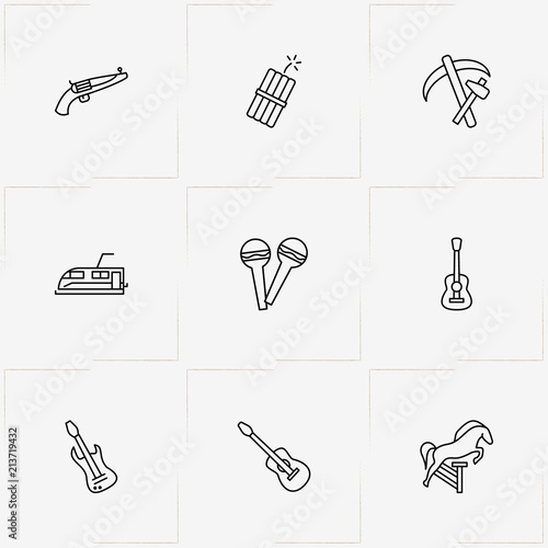 Wild West line icon set with dynamite, maraca and revolver