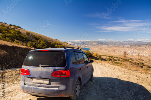 The car is driving on the mountain Meganom. Republic of Crimea