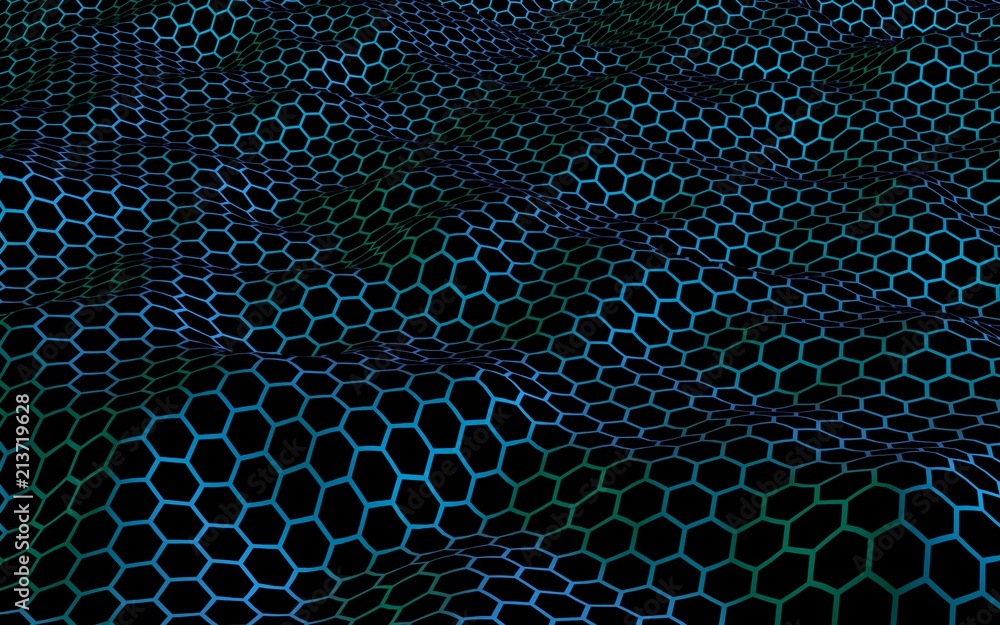 Honeycomb wave effect on a blue green background. Perspective view on polygon look like honeycomb. Isometric geometry. 3D illustration Honeycomb wave effect on a blue green background. Perspective view on polygon look like honeycomb. Isometric geometry. 3D illustration