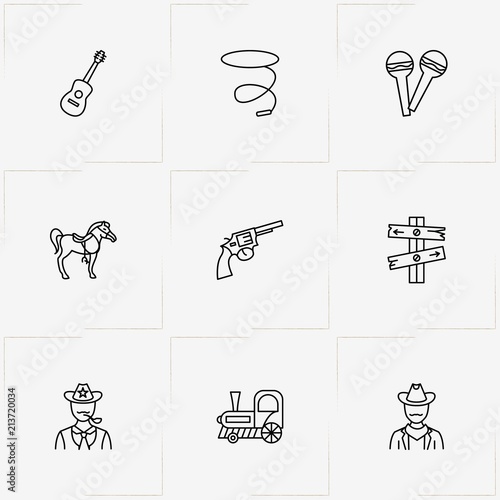 Wild West line icon set with cow boy , train and maraca