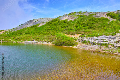 新緑の八方池と八方池ケルン