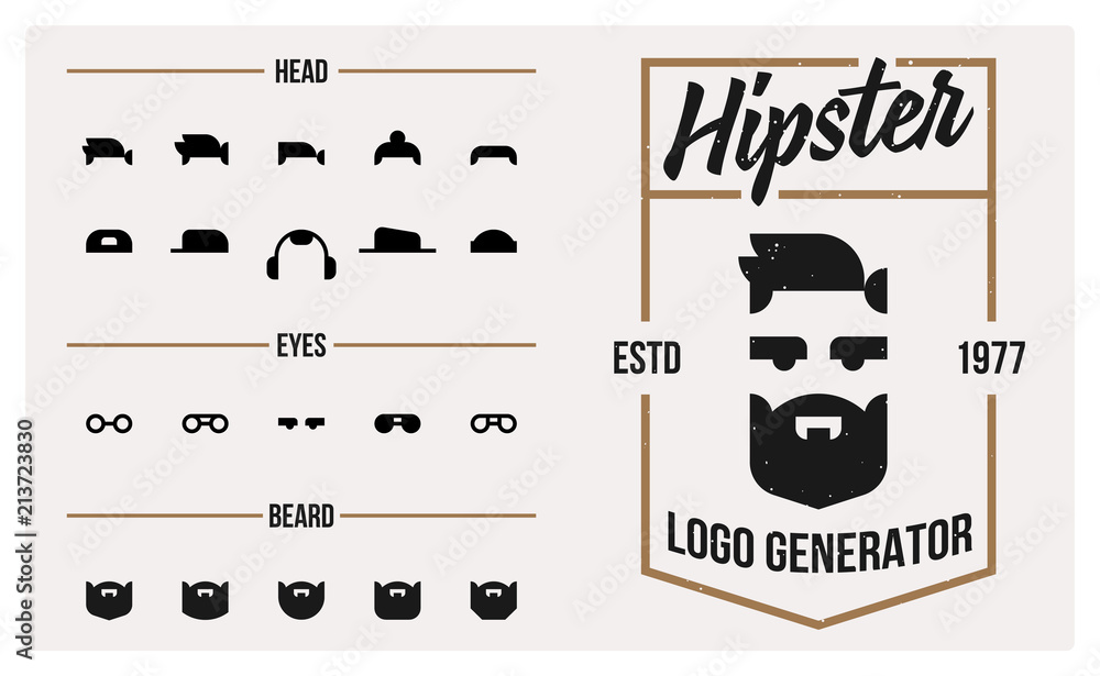 Vector Hipster logo Generator. of design elements for logo creation. Different haircuts, hats, eyes, glasses and beard styles. Stock Vector | Adobe Stock