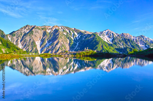 朝日を浴びた新緑の八方池