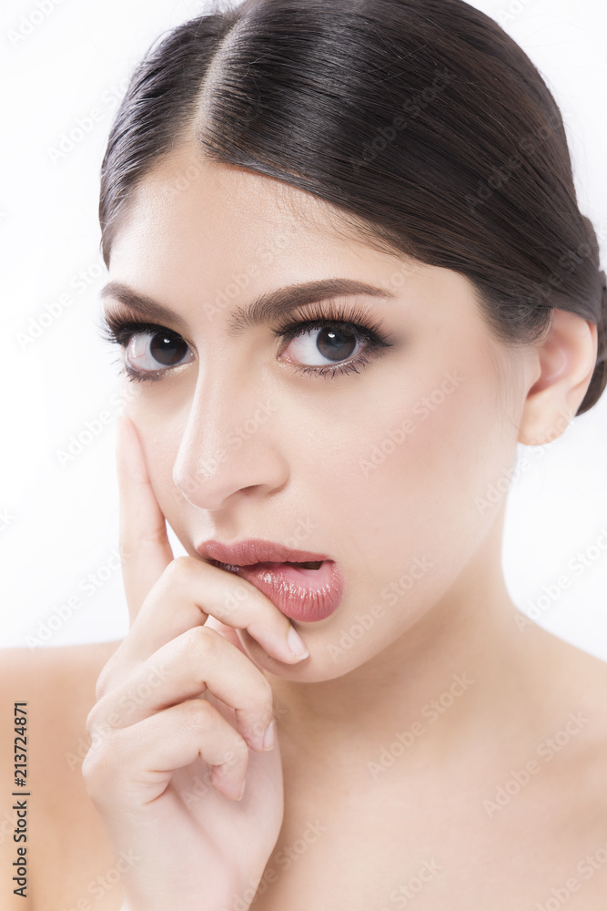 Beautiful woman clean skin and white teeth on white background. Beautiful woman clean skin and white teeth on white background.