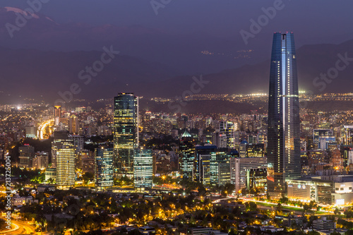 Night view of Santiago de Chile, city illuminated at sunset.