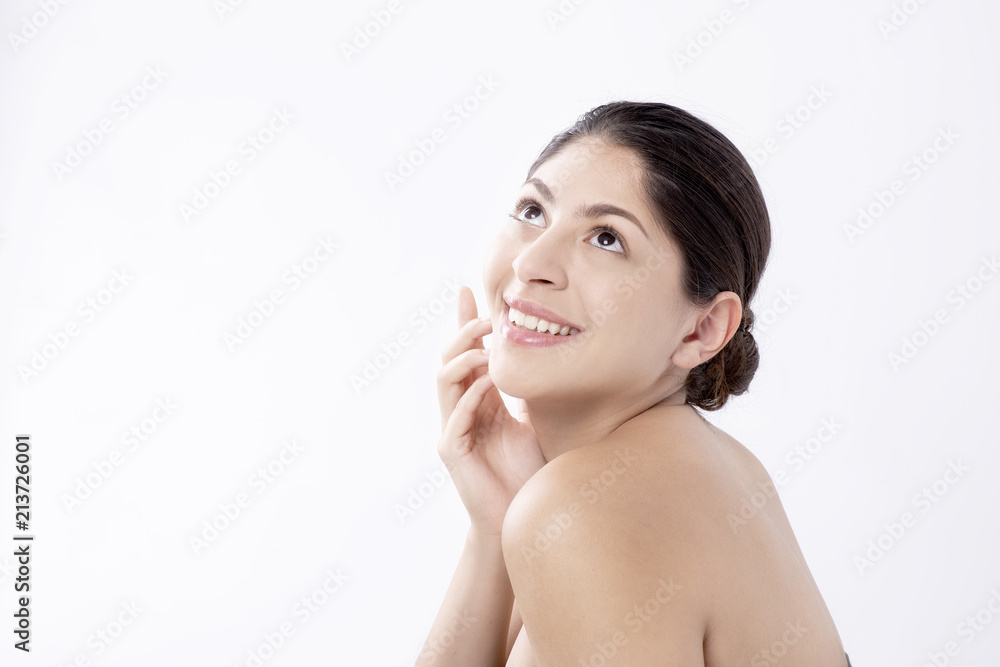 beautiful woman face close up studio on white background