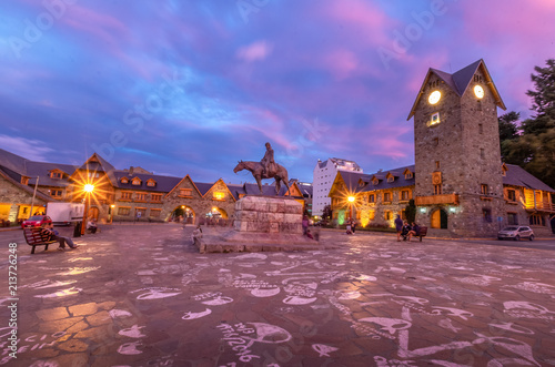 Civic Center (Centro Civico) and main square in downtown Bariloche at sunset - Bariloche, Patagonia, Argentina