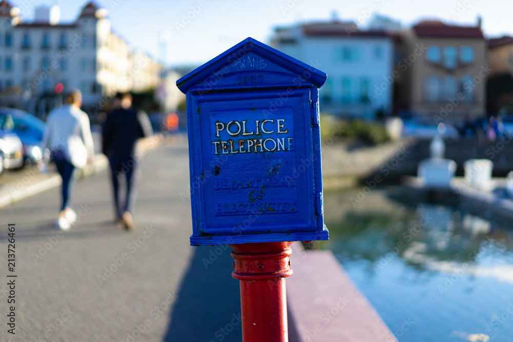 Police station blue callbox on a red pole Police station blue callbox on a red pole