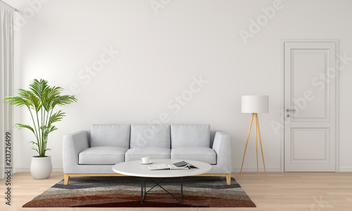 grey sofa and lamp in white living room, 3D rendering