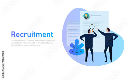 Recruitment process. selecting candidate by human resource. Business man select from printed CV, magnifying glass, flat style banner design of management concept