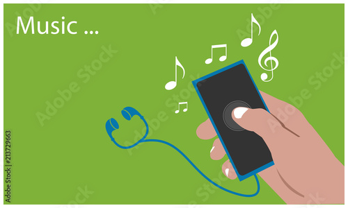 playing music with hand held smartphone on the green background. Flat vector illustration.