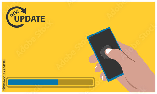 New Update with hand held smartphone on the yellow background. Flat vector illustration.
