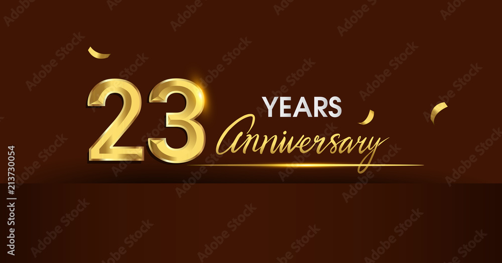 23 years anniversary celebration logotype. anniversary logo with golden color and gold confetti isolated on dark background, vector design for celebration, invitation card, and greeting card