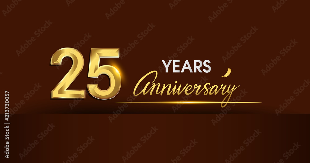 25 years anniversary celebration logotype. anniversary logo with golden color and gold confetti isolated on dark background, vector design for celebration, invitation card, and greeting card