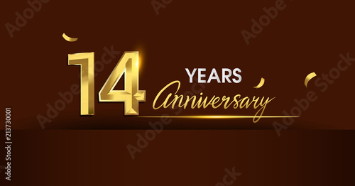 14 years anniversary celebration logotype. anniversary logo with golden color and gold confetti isolated on dark background, vector design for celebration, invitation card, and greeting card