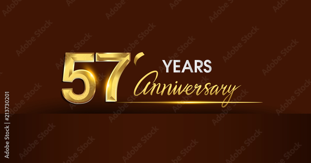 57 years anniversary celebration logotype. anniversary logo with golden color and gold confetti isolated on dark background, vector design for celebration, invitation card, and greeting card