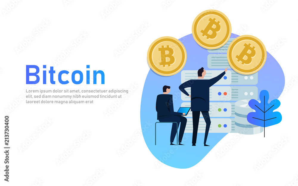 Flat bitcoin online mining concept web infographics vector illustration. Man on computer and bit coin mine service server. Business people with server. Flat bitcoin online mining concept web infographics vector illustration. Man on computer and bit coin mine service server. Business people with server.