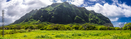 Kualoa mountain range panoramic view, famous filming location on Oahu island, Hawaii photo