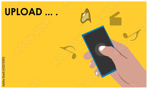 Upload with hand held smartphone on the yellow background. Where to download music, document movies, etc. Flat vector illustration.