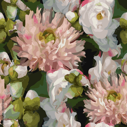 Wallpaper Mural Watercolor 3D realistic romantic flowers bouquet composition peony dahlia rose seamless pattern texture background vector Torontodigital.ca