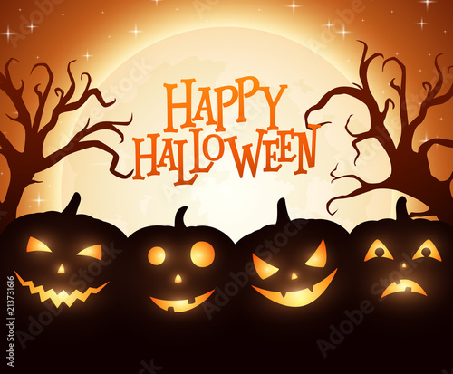Banner Cartoon Halloween pumpkins on orange background