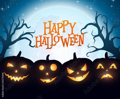 Banner Cartoon Halloween pumpkins on blue background