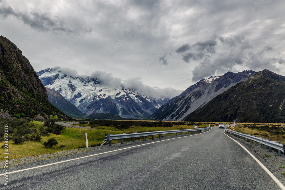 Scenic road in Mount Cook National Park, New Zealand