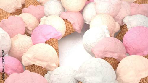 Many ice creams on the floor. 3d rendering picture.