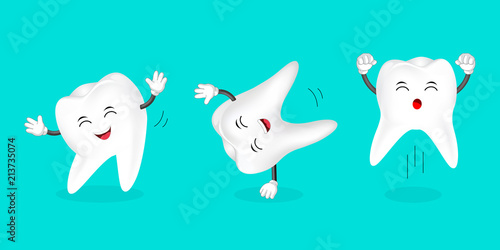 Set of human tooth dancing. Cartoon character design, vector illustration isolated on green background.